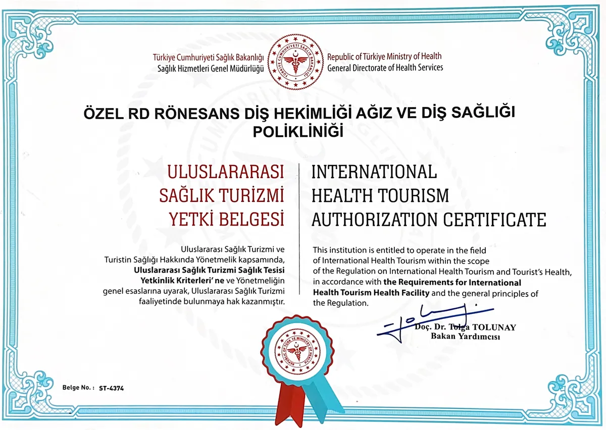 Sağlık Bakanlığı Sağlık Hizmetleri Genel Müdürlüğü’nün Özel RD Rönesans Diş Hekimliği Ağız ve Diş Sağlığı Polikliniği adına düzenlediği Uluslararası Sağlık Turizmi Yetki Belgesi